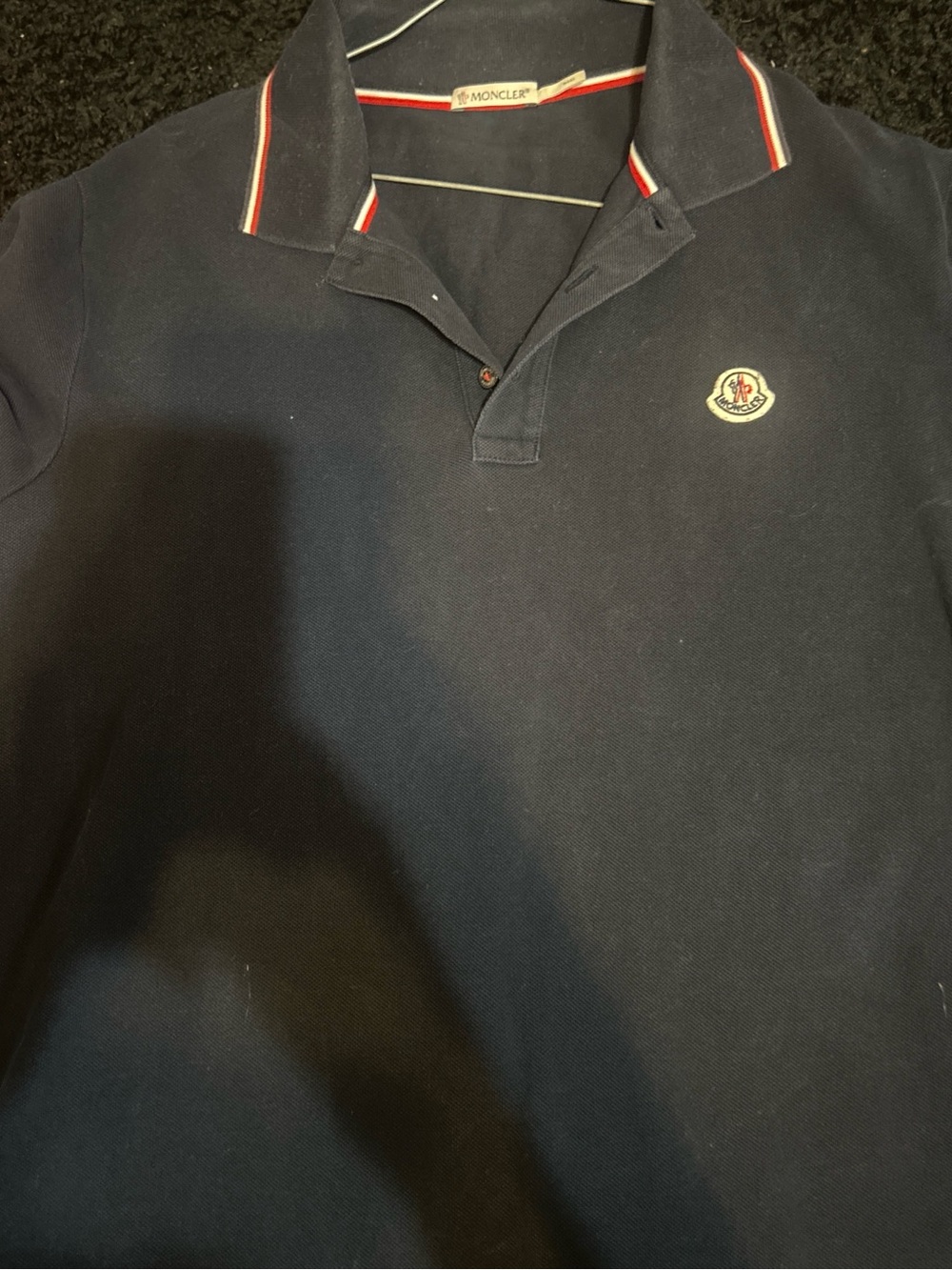 Moncler Navy Polo with Red and White Collar Trim